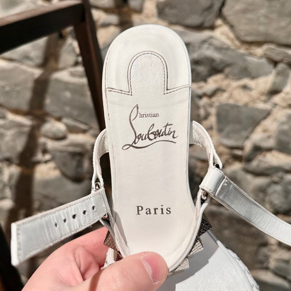 Christian Louboutin White Leather Studded Pyraclou Wedge 110 Sandals - Picture 11 of 15